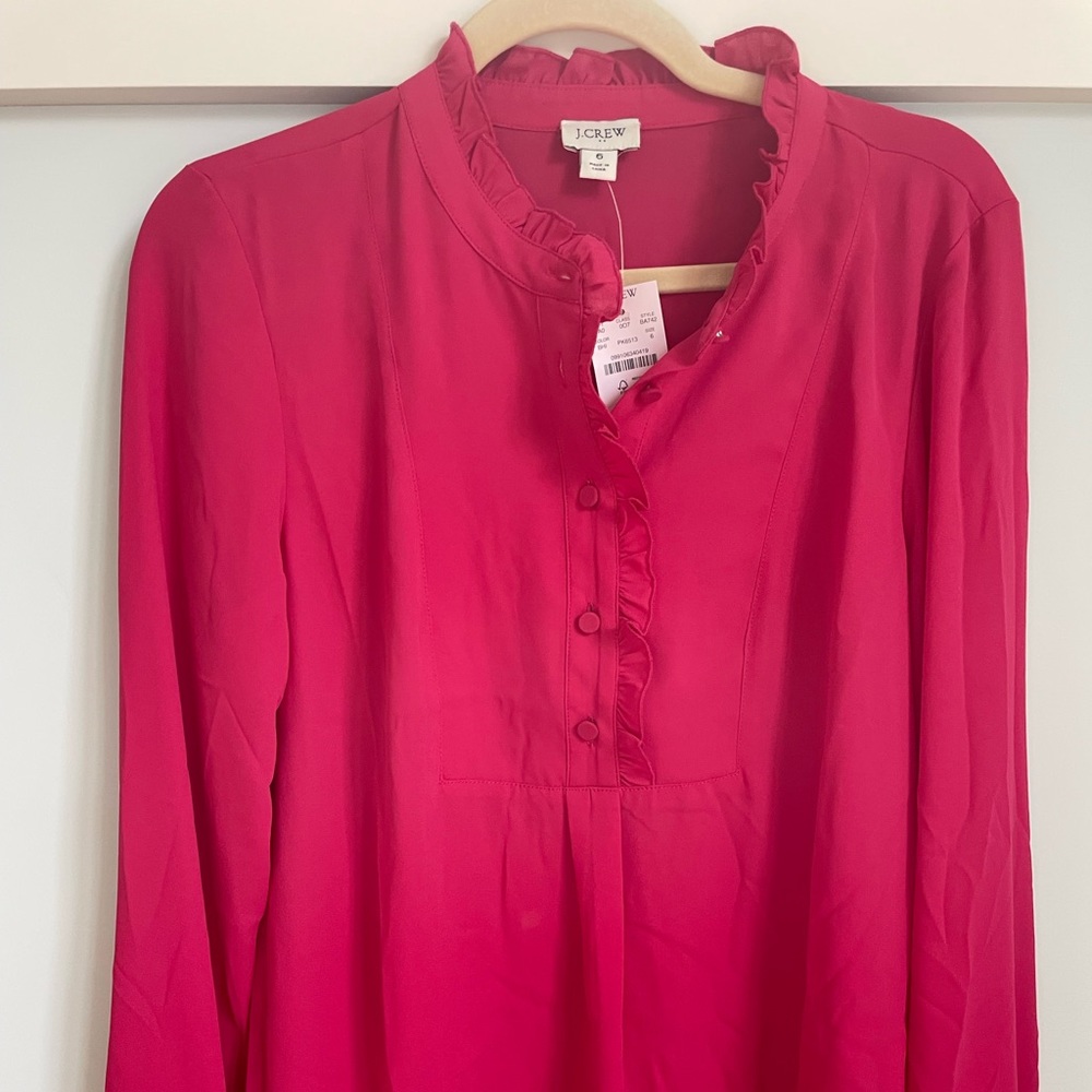 J. Crew Factory, Long-sleeve top with ruffles, BOLD HIBISCUS, Size 6